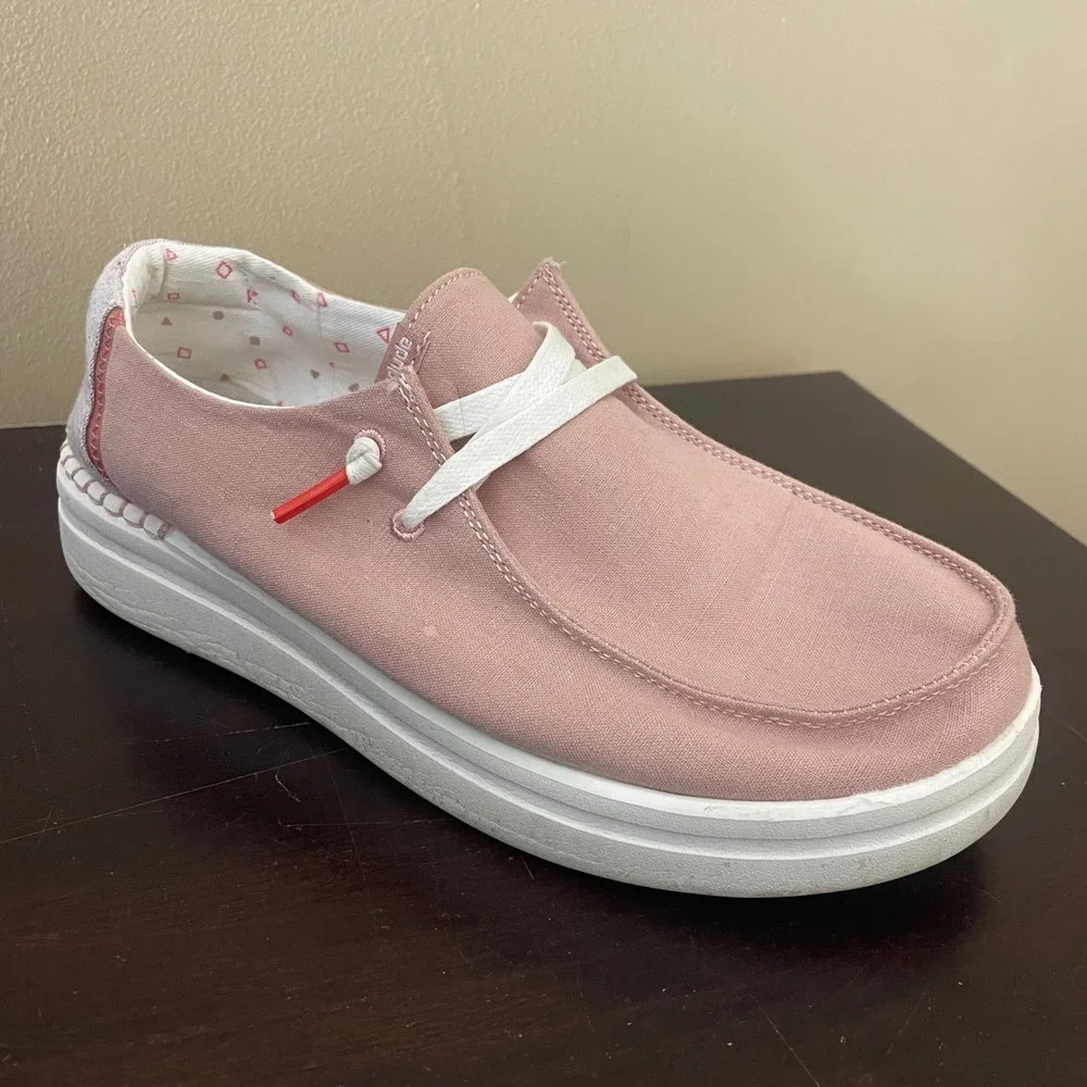Hey Dude Wendy Rise Chambray Pink Platform Loafers Women Size 8 121945031 - Picture 2 of 8